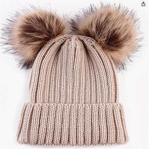 Beige Mickey Mouse inspired beanie with pom poms